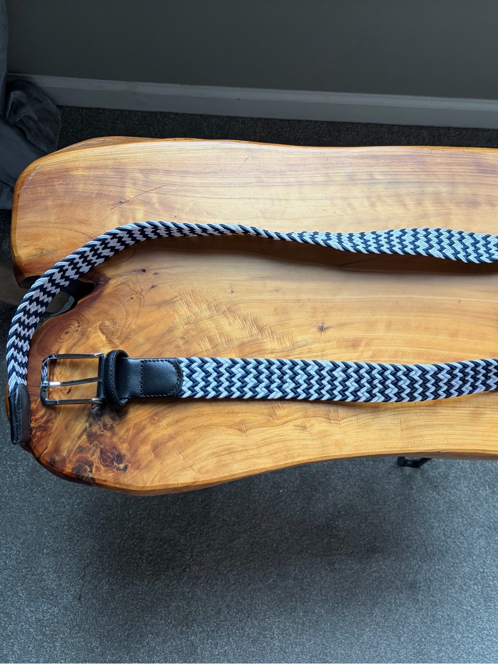Men's Black and White Woven Elastic Belt with Leather Trim